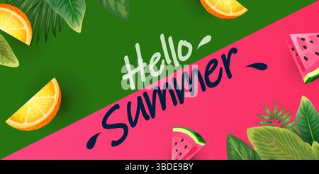 Poster Hello Summer avec feuilles tropicales, pastèque et tranches d'orange. Illustration vectorielle Illustration de Vecteur