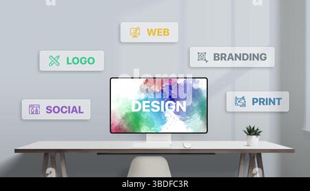Écran de conception sur le bureau entouré d'icônes flottantes représentant les principales catégories créatives : logo, image de marque, social, Web et imprimé Banque D'Images