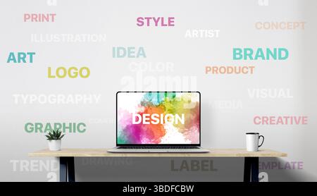 Ordinateur portable sur bureau créatif avec des termes colorés de studio de conception comme la typographie, le concept et le visuel affichés sur le mur Banque D'Images