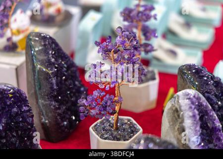 (250524) -- CHONGQING, 24 mai 2025 (Xinhua) -- des pierres précieuses sont photographiées au pavillon national de l'Uruguay lors de la 7e Foire internationale de l'investissement et du commerce de Chine occidentale dans la municipalité de Chongqing, dans le sud-ouest de la Chine, le 23 mai 2025. Lors de la 7e foire internationale de l'investissement et du commerce de Chine occidentale à Chongqing, dans le sud-ouest de la Chine, le pavillon national de l'Uruguay est devenu un aimant de foule avec son affichage étonnant de pierres précieuses améthystes violettes profondes, attirant des spectateurs curieux désireux d'en savoir plus. POUR ALLER AVEC « veille économique : les produits uruguayens gagnent du terrain dans l'ouest de la Chine via terre-mer Banque D'Images
