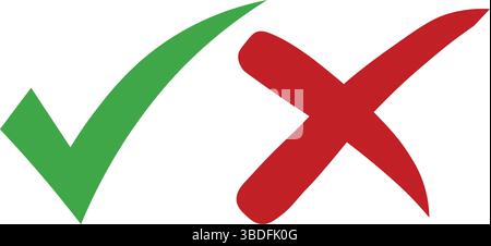 Coche verte Croix-Rouge : symboles d'approbation et de rejet, icônes de réussite et d'erreur : graphiques de rétroaction de l'interface utilisateur, coche et X : indicateurs d'état effacés. Illustration de Vecteur