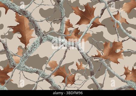 Camouflage forestier réaliste. Motif sans couture. Motif de camouflage vectoriel. Fond de chasse au cerf. Conifères, branches et feuilles de chêne. Utilisable Illustration de Vecteur