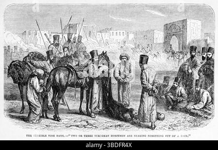 Les neuf jours terribles - "deux ou trois cavaliers turkmènes secouent quelque chose d'un sac." Représente un turc Oghouz recevant un paiement pour des têtes humaines, Khiva. Illustration du XIXe siècle tirée du Popular Monthly de Frank Leslie Banque D'Images