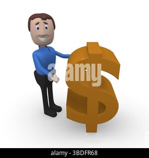 Cheerful cartoon business man avec une grande icône Dollar, rendu 3D Banque D'Images
