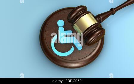 Loi sur le handicap, services de justice sociale et actes juridiques pour les personnes handicapées concept avec un marteau de juge et une icône de fauteuil roulant illustration 3D. Banque D'Images