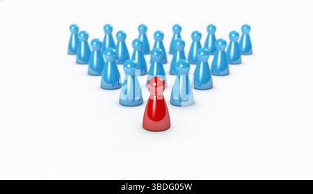 Leadership dans l'image conceptuelle de gestion d'entreprise ou d'équipe avec un pion rouge menant parmi les autres pions bleus sur l'illustration 3d de fond. Banque D'Images