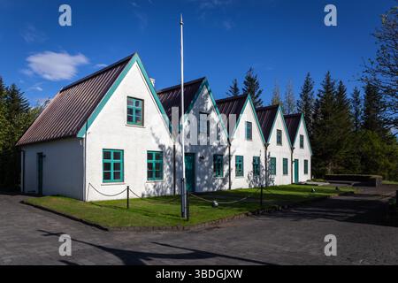 La Maison Thingvellir (Maison des rois), résidence d'été du premier ministre islandais, architecture traditionnelle islandaise avec toits à pignons. Banque D'Images