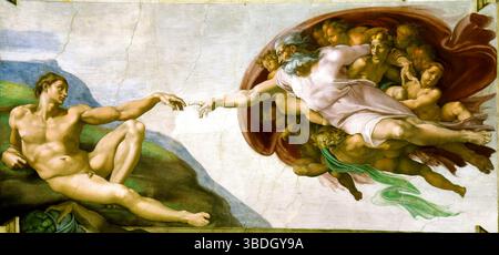 La création d'Adam. Michel-Ange. circa 1511. Fresque sur le plafond de la chapelle Sixtine, Cité du Vatican. Banque D'Images
