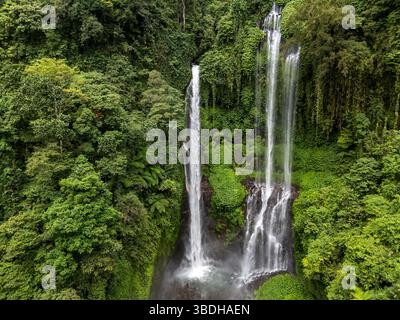 Vue aérienne de Sekumpul Waterfall, également connu sous le nom de Gerombong Waterfall, est une cascade célèbre à Bali, Indonésie Banque D'Images