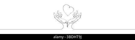 Fond de vecteur d'icône de main d'aide d'une ligne. Icône coeur avec mains. Contour continu d'une icône mains de vie. Illustration de Vecteur