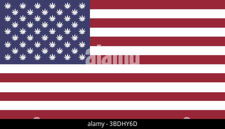 Le drapeau national des États-Unis avec des feuilles de marijuana à l'intérieur, fond d'illustration plat. Concept de légalisation aux Etats-Unis Banque D'Images