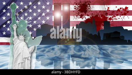 Composition patriotique américaine de New York avec l'horizon de Manhattan et les tours jumelles reflétées dans l'Hudson River, le drapeau et la Statue de la liberté Banque D'Images