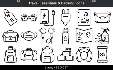 Essentiels de voyage emballage icônes ligne graphiques d'art Illustration de Vecteur