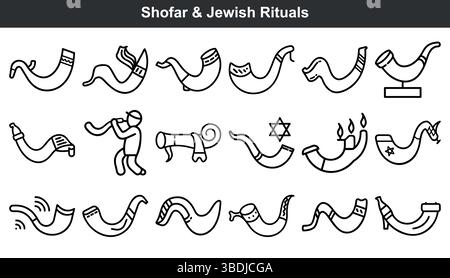 Rosh hashanah shofar juifs symboles d'icônes de rituels Illustration de Vecteur