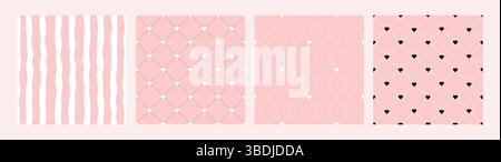 Grille rose sans couture avec lignes rayées ondulées Love Heart Abstract Vector Background Set textile Print Collection Coquette Wrapping Paper Illustration de Vecteur