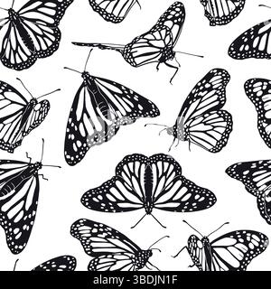 Modèle sans couture avec des papillons monarques noirs et blancs dessinés à la main Illustration de Vecteur