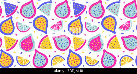 Tropical exotique Fig citron agrumes fruit motif crayon BG texture Summer Vector Chalk Cartoon Seamless Abstract Background Chalk Organic Illustration de Vecteur