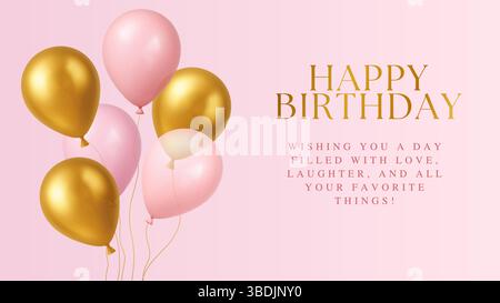 Ballon 3d Happy Birthday Girl Party Pink Gold Element Gift Ball Balloons Icon Vector invitation Card Illustration de Vecteur