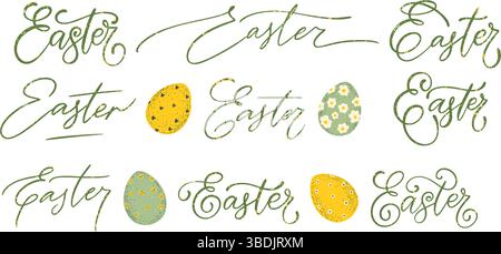 Lettres de Pâques citation inscription script Egg Hunt Sketch Set Elèves pastel isolé Spring Flower Holiday Rustic Folk Art Vector Collection Illustration de Vecteur