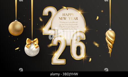 2026 bonne année réaliste numéro 3d bannière de texte d'or avec décorations de Noël cadre Confetti fond de voeux invitation carte vectorielle en or blanc de luxe Illustration de Vecteur