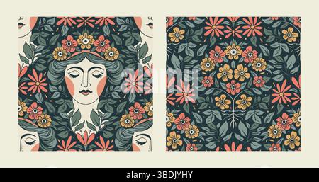 Vintage Pattern ethnique motif Set Floral femme face Flower Seamless Vector Boho style Folk Art Nouveau fond Illustration de Vecteur