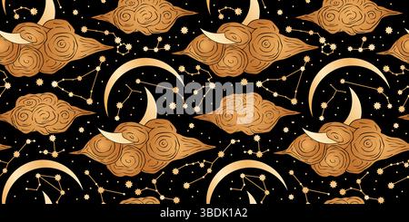 Whimsical Moon Cloud Star Seamless Vector Pattern Constellation du zodiaque en arrière-plan d'alchimie de style rêveur céleste Illustration de Vecteur