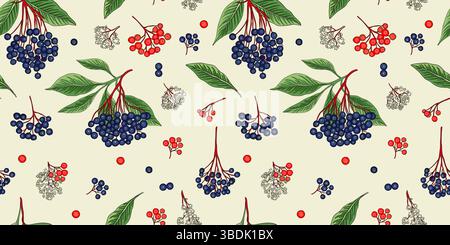 Viburnum Rowan Berry Leaf Floral Element Seamless Vector Pattern avec style botanique ethnique ukrainien sur fond beige Illustration de Vecteur