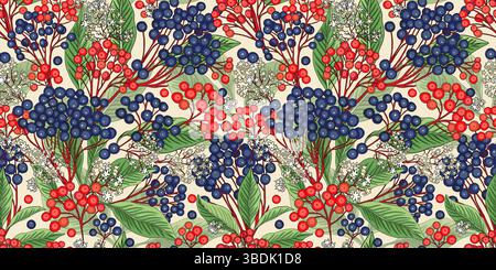 Viburnum Rowan Berry Leaf Floral Element Seamless Vector Pattern avec style botanique ethnique ukrainien sur fond beige Illustration de Vecteur
