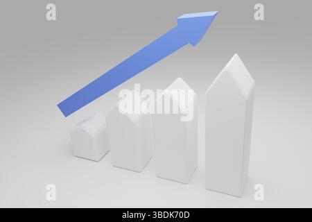 Des formes de maisons puristiques avec une flèche ascendante. Boom de l'immobilier, marché immobilier en pleine croissance, forte demande de biens immobiliers, concept de hausse des prix de l'immobilier, 3d rende Banque D'Images