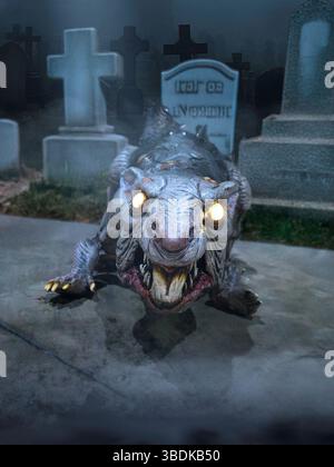 Hell Hound dans un cimetière la nuit Banque D'Images