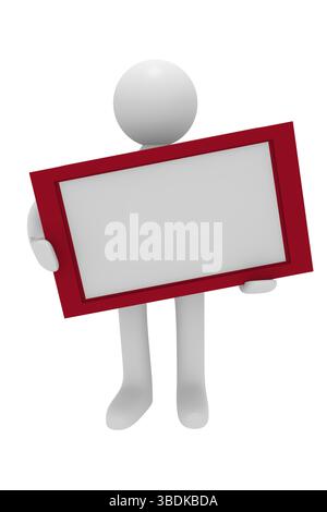 Petit homme avec un encadré rouge sur blanc blank, rendu 3D Banque D'Images