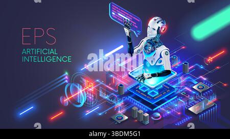 CPU avec intelligence artificielle. Chatbot regarde hors de la puce ai sur la carte mère, répond aux questions. Un robot ou cyborg avec bulle sur un processeur ai. Illustration de Vecteur
