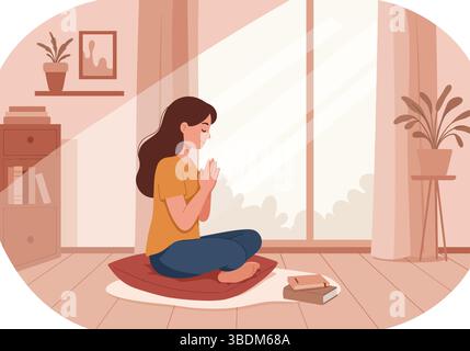 Homme dans la prière avec livre sur la table en bois Illustration de Vecteur