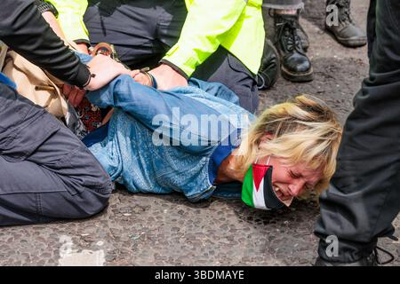 Brighton, Sussex, Royaume-Uni. 24 mai 2025. Un partisan pro-palestinien arrêté à Brighton, Sussex, lors de la manifestation de Brighton PSC (Palestine Solidarity Campaign). Crédit : Amanda Rose/Alamy Live News Banque D'Images
