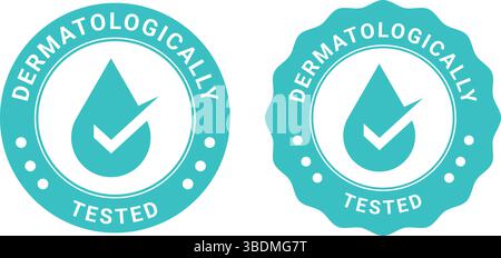 badges testés dermatologiquement de couleur bleue avec coche et icône de goutte d'eau pour les étiquettes de produits sans danger pour la peau Illustration de Vecteur