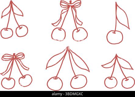 Ensemble de contours dessinés au crayon cerise. Baies de course rouge coquette avec des arcs et des feuilles doodle isolé sur fond blanc. Fruits grunge éléments texturés Illustration de Vecteur