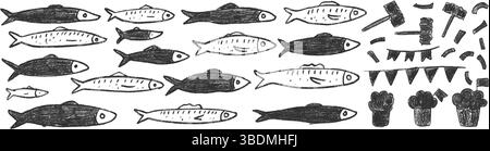 Jeu de doodle de poissons. Formes de marqueurs dessinées à la main de sardines. Festival Santos populares. Manjerico, marteau et poissons vecteur dessiné à la main Portugal traditiona Illustration de Vecteur