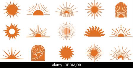 Icônes de silhouette de soleil bohémien. Emblème du soleil bohémien symboles du lever et du coucher du soleil avec des rayons, des arcs et des formes de vagues. Soleil d'été minimaliste et lumière de l'aube Illustration de Vecteur