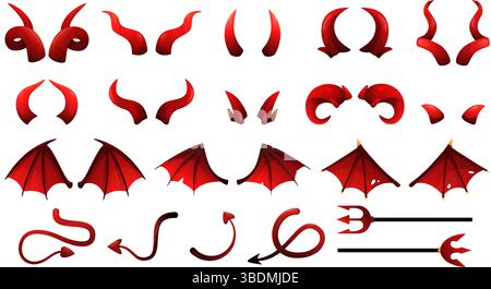 Éléments de costume de monstre de diable d'Halloween. Cornes de démon rouges, ailes de chauve-souris effrayantes et queues imp, trident de Satan ou Lucifer pitchfork. Fantasme maléfique Illustration de Vecteur