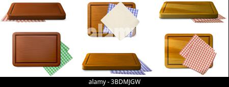 Planche à pizza réaliste avec des serviettes. Planches à découper et à découper rectangulaires en bois et nappe à carreaux. plateau en bois 3d et nappe avec vichy Illustration de Vecteur