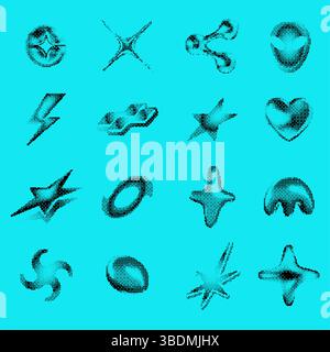 Pixel art Y2K étoiles. Étoile bitmap avec effet de juxtaposition, icônes de science-fiction abstraites, texture demi-teinte. Étoiles, extraterrestres et foudre, cœur et molécule. Rétro Illustration de Vecteur