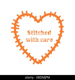 Coeur orange dessiné à la main avec bordure cousue et citation manuscrite. Idéal pour la marque artisanale, les dessins de bébé et les étiquettes textiles. Illustration de Vecteur