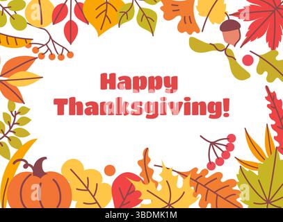 Carte de Thanksgiving. Joyeux jour de Thanksgiving, merci de donner une bannière de voeux de célébration avec des feuilles d'automne orange colorées, de la citrouille et des baies. Vecteur Illustration de Vecteur