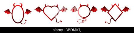 Cadres diables d'Halloween. Cadre photo démon avec ailes rouges, queue et cornes. Losange, cercle et ovale, bordures en forme de coeur. Symbole maléfique pour Halloween Illustration de Vecteur