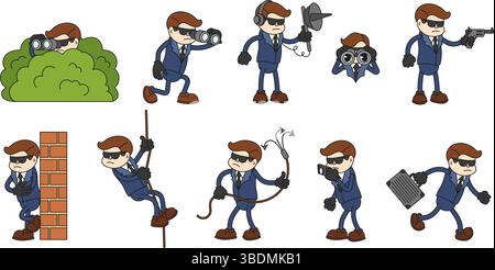 Personnage d'agent secret de dessin animé. Espion avec pistolet, caméra et étui. Agent secret comique portant un costume d'espionnage, de fuite et d'escalade, d'écoute clandestine. Secret Illustration de Vecteur