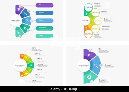 Modèle d'infographie de diagramme circulaire en demi-cercle. Infographies d'entreprise avec étapes de processus. Diagramme en éventail en demi-cercle, flux de travail de progression, segmenté circulaire Illustration de Vecteur