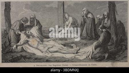 La descente de Jésus Christ de la croix par Paul Delaroche. Ancienne illustration gravée du XIXe siècle Banque D'Images