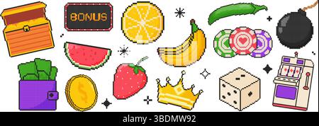 jeu d'icônes de casino 8 bits. Objet Pixel art. Graphismes de machine à sous old School. Bombe, pièces de monnaie, dés, fruits, couronne, bombe Illustration de Vecteur