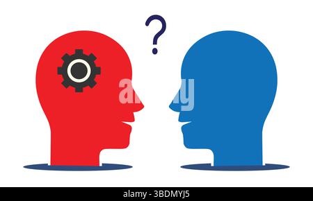 Un vecteur conceptuel montrant deux silhouettes masculines avec des icônes cérébrales mal alignées, idéal pour la santé mentale, l'incompréhension et la conception liée à la psychologie Illustration de Vecteur