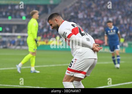 Célébration des buts Deniz UNDAV (VFB Stuttgart) après l'objectif de faire 0-3, la jubilation, la joie, l'enthousiasme, l'action. Football/82e finale de la DFB Cup 2025/Arminia Bielefeld - VfB Stuttgart 2-4 le 24 mai 2025 au stade olympique de Berlin. ##les règlements DFL/DFB interdisent toute utilisation de photographies comme séquences d'images et/ou quasi-vidéo## ? Banque D'Images